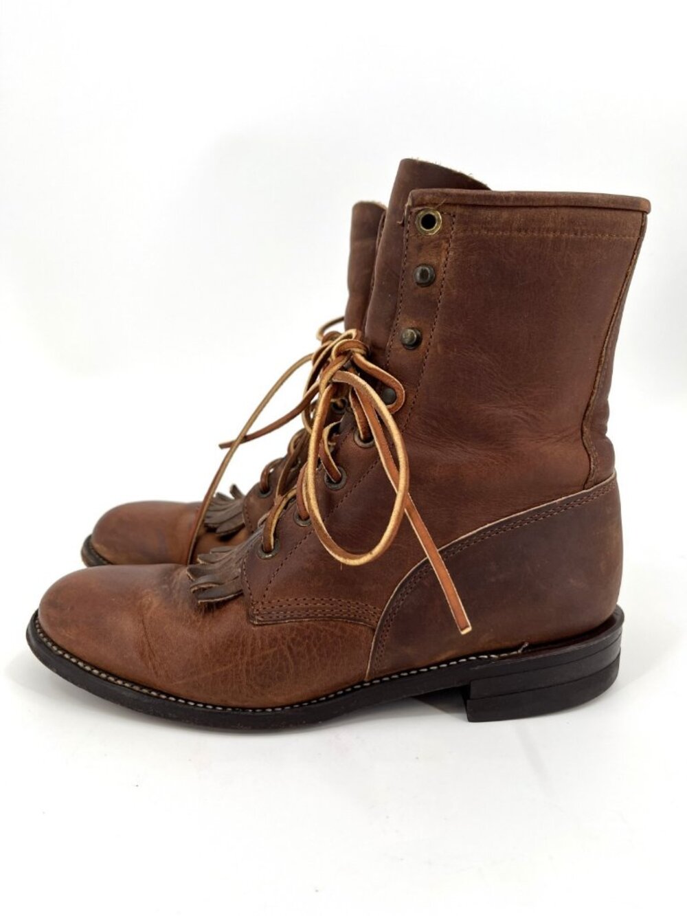 Justin L575 Lace Up Roper Boots Brown Size 6B Leather Kiltie Fringe USA Made